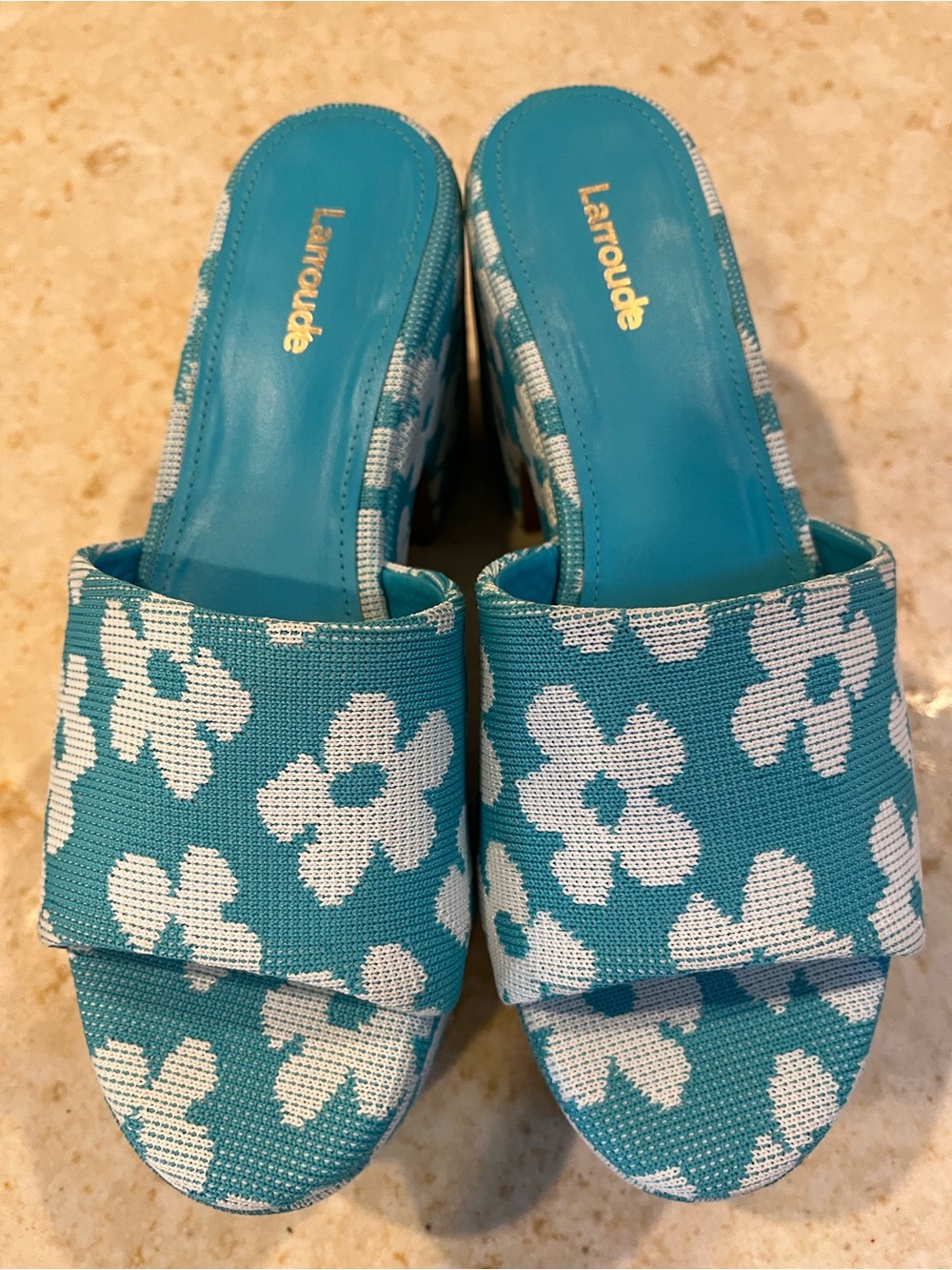 Larroude Teal Floral platform Slide Sandals